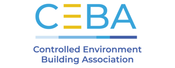 Logo for the Controlled Environment Building Association (CEBA) with “CEBA” in blue letters, yellow horizontal lines in the letter E, and gradient blue bars underneath.