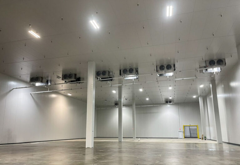 A large, empty industrial cold storage room with a polished concrete floor, white insulated walls, ceiling-mounted cooling units, and bright overhead lights. There is a roll-up door and control panel in the far corner.